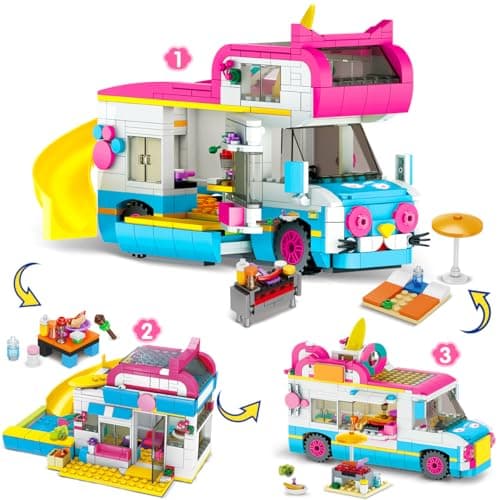 Image of CUBIMANA 3-in-1 Cat Car Building Set, Girls Camper Van & Ice Cream Truck City Bus Building Toys with Slide and Stickers, Gifts for Kids Age 6-12 (494PCS)