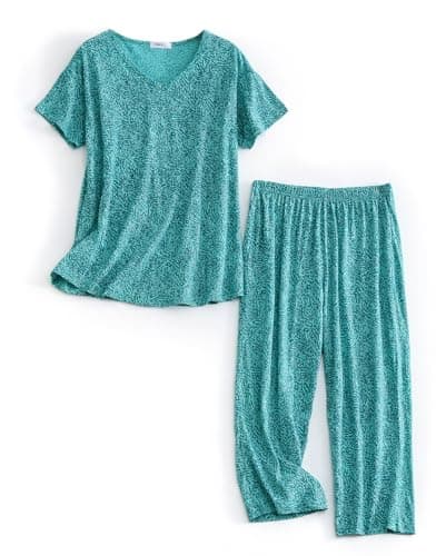 Image of CHUNG Women Pyjama Set Short Sleeve Top Capri Pants Cotton Blend Loungewear Pjs Floral Animal Print S-3XL Green Land, 2XL