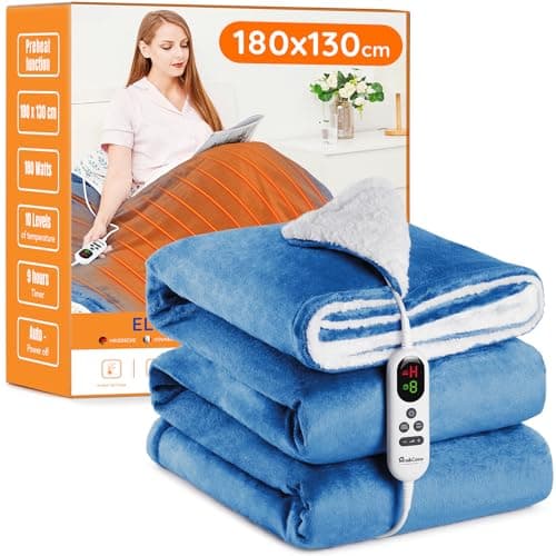 Image of Mia&Coco Electric Heated Blanket Throw Flannel Sherpa Fast Heating 180x130cm, 10 Heat Levels & Up-to-9-Hours Auto-Off Timer & LED Display, for Home Office Use, Machine Washable, ETL Certified, Blue