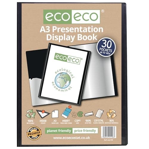 Image of eco-eco A3 Size 50% Recycled 30 Pocket Black Presentation Display Book, Storage Case Portfolio Art Folder with Plastic Sleeves, eco198