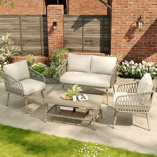 Image of FammyLoft 4 Seater Garden Lounge Sofa Set with Coffee Table, Rope Weave Outdoor Sofa Set with Armchairs, Beige Linen Weatherproof Patio Furniture for Balcony Terrace