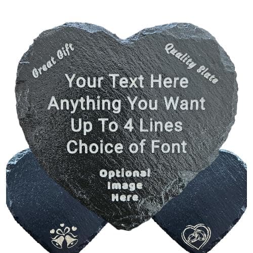 Image of Personalised Engraved Heart Shape Slate Coaster/Placemat - Any Engraving - Optional Image- Hand Finished in UK 11cm or 25cm