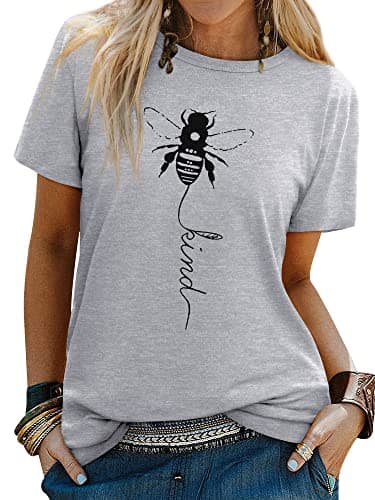 Image of Dresswel Women Bee Kind T-Shirt Ladies Bee Graphic Shirt Crew Neck Short Sleeve Summer Tee Tops(1-Grey, M)