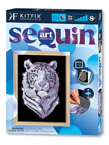Image of Kitfix - Sequin Art Snow Tiger with Wooden Frame - 27 x 36cm - Sequin Art Blue Premium - Creative Set - Craft Kit for Adults, Teenagers and Children Aged 8+ - 1217
