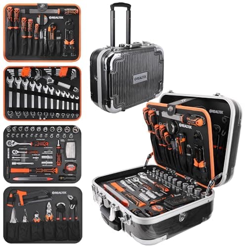 Image of REALTEK 123pcs Tool Kit, Mechanic Tool Set, Portable Tool Kits for Home with Aluminum Trolley Case, Tool Box with Tools Included, Hand Tool Set Toolkit Household Repair and Diy for Men, CR-V Material