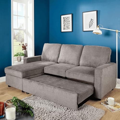 Image of Home Source Kingston Corner Sofa Bed – Grey Polyester, Reversible Chaise, Pull Out Bed - 207W x 138D x 91H cm - Double Sofa Bed with Storage