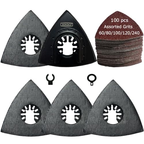 Image of XXGO 105 Pcs 80mm 60 80 100 120 240 Grits Triangle Multitool Sanding Pads Kits Include 100 Pcs Triangle Sandpaper Sheets and 5 Pcs Triangular Sanding Pads XG105TU