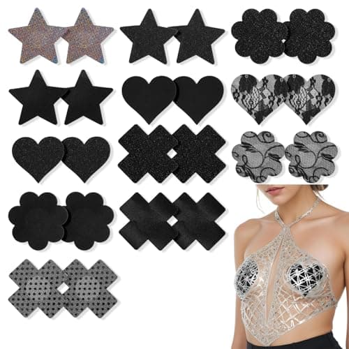 Image of Grevosea 12 Pairs Nipple Covers for Women, Glitter Pasties Nipple Covers Disposable Breast Petals Nipple Stickers for Rave Party (Black)