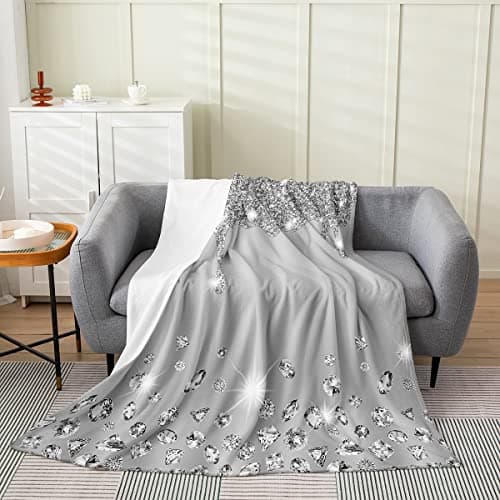 Image of Loussiesd Silver Glitter Print Plush Throw Blanket, Bling Party Decorations Grey Flannel Fleece Blanket for Diamond and Jewelry All Season,Bed Blanket Baby 30x40Inch