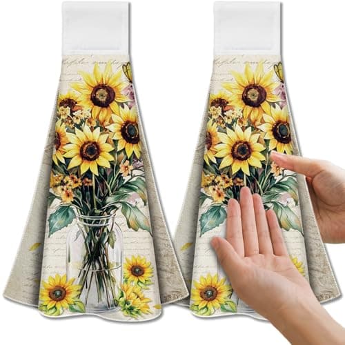 Image of CUTHOLLOW Sunflower and Vase Hanging Kitchen Towels with Loop, Set of 2 - Soft & Super Absorbent Microfiber Decorative Hanging Dish & Hand Towel, Tea, Coffee Towel for Kitchen Bathroom Oven Handle