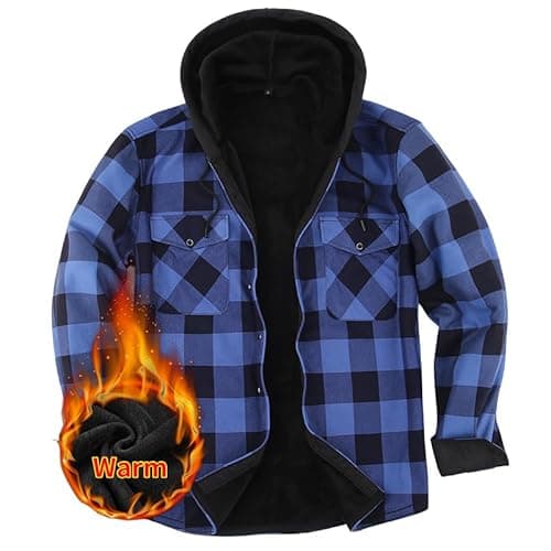 Image of Iris Sprite Men's Plaid Shirt Padded Warm Lined Check Shirts Men Casual Plaid Shirts with Pocket Mens Hooded Check Jacket (Blue, XL)