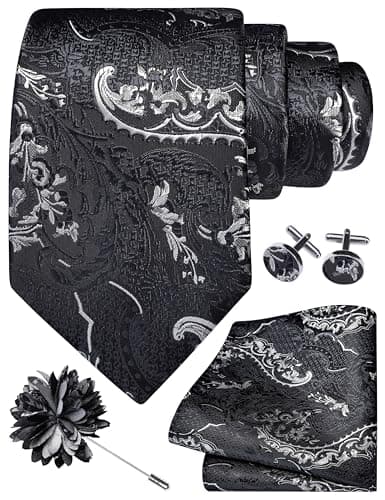 Image of Gusleson Grey White Tie Set for Men Silk Paisley Necktie Pocket Square Cufflinks and Lapel Pin Brooch Set for Wedding (UK6114-32)