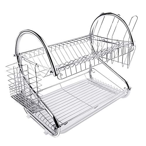 Image of ARyee Two Tier Dish Drainer Rack Silver, Bowls Dishes Plates Cup Holder with Drip Tray