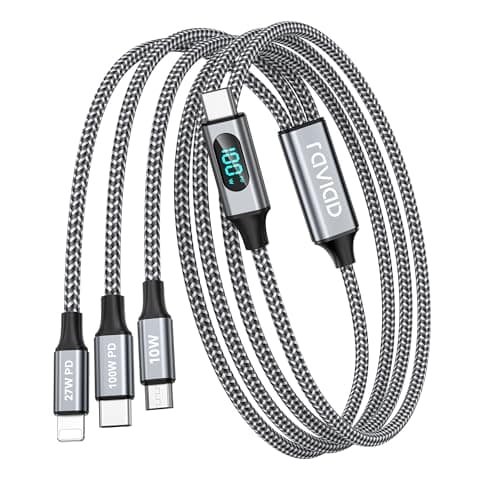 Image of RAVIAD 100W USB C Multi Charger Cable [2M] 3 in 1 Fast Charging Cable with LED Display, USB C PD [100W]+Lightning[27W]+Micro[10W] for Galaxy S24/S23, iPhone 15/14/13, MacBook Pro/Air, Pad Pro/Air