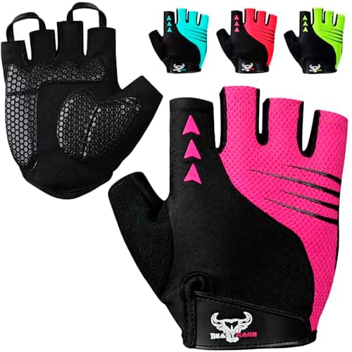 Image of BEAST RAGE Half Finger Cycling Gloves for Men & Women – Padded, Breathable, Anti-Slip Fingerless Bike Gloves, Shock-Absorbing MTB Road Bicycle Gloves for Summer Riding & Fitness (PINK, M)