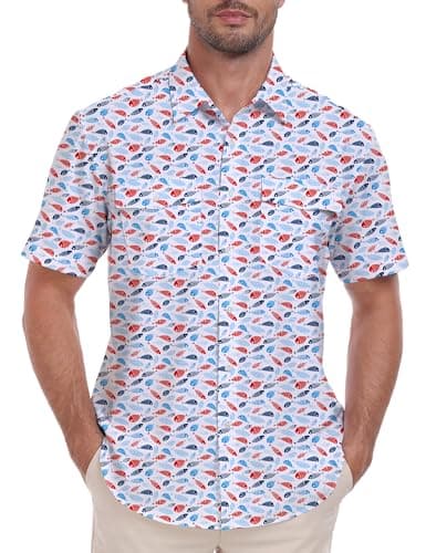 Image of Lzzidou Fishing Shirts for Men Short Sleeve Button Down Print Hawaiian Camp Shirt with Breathable Back Vent, White Fish Print, Medium
