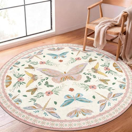 Image of SOANNY Round Living Room Rug 120 cm, Butterfly Circle Area Carpet, Soft Low Pile Washable Non Slip Stain Resistant Modern Floor Mat for Bedroom Kitchen Entryway Dorm Beside Sofa Office, Beige Pink