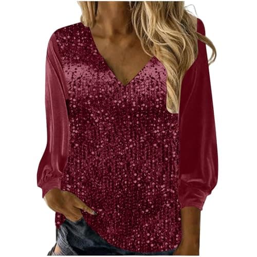 Image of Women's UK Sequin Top - Sparkly Jumper V Neck Velvet Blouse Evening Activewear Party Outfits Shinning Wear