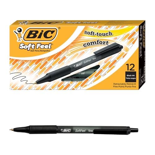 Image of Bic Soft Feel Ballpoint Pens, Retractable Black Pens, Ideal for School, Medium Point (1.0mm), Pack of 12 8373971