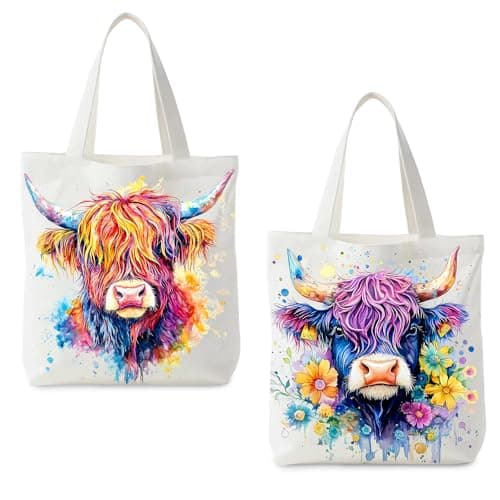 Image of Komergave Highland Cow Canvas Tote Bag, 1PC Cute Double-Sided Printed Shoulder Bag, Sturdy Shopping Bags, Unique Highland Cow Gifts for Women, Large Reusable Bags for School, Work, Travel