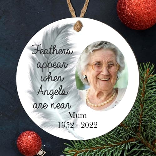 Image of Personalised 'Feathers Appear when Angels are Near' Photo Memorial Bauble - In Loving Memory Christmas Ornament (Mdf Wood Indoor Use Only)