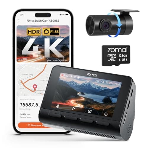 Image of 70mai A800SE Dash Cam Car Front Rear 4K UHD+1080P with GPS WiFi, Dual Car Camera with 128GB SD Card, F1.55 Aperture HDR, Night Vision, ADAS, 3 "IPS, 24/7 Parking Monitoring, Supports 512 GB Max