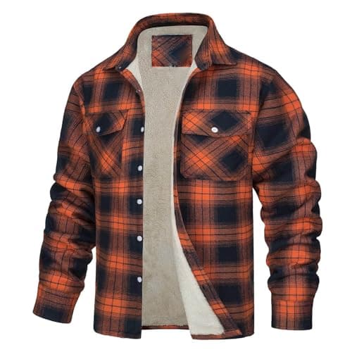 Image of Modeewel Men's Winter Jacket Thermal Jackets Lumberjack Jacket Checked Flannel Fleece Jacket Lined Checked Thermal Shirt Fashion Work Shirt Zip Long Sleeve Shirt Outdoor Jacket Winter Jacket, orange
