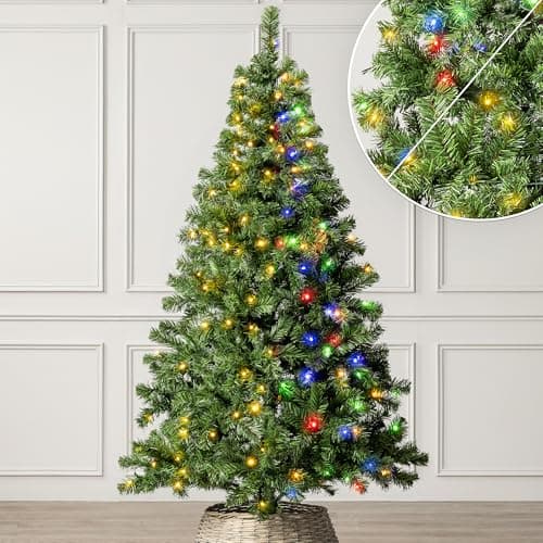 Image of Christow Pre-Lit Artificial Christmas Tree 6ft with Dual-Colour LED Lights (Switch from Warm White to Multi-Coloured, Aspen Spruce, Bushy PVC Tips, 11 Modes – Colour Changing, Timer, 101cm Diameter