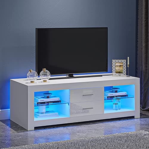 Image of Panana TV Stand Cabinet 2 Drawer 2 Glass Shelves LED Lighted TV Console Unit for 22"-55" Flat Screen 4k TVs (white)