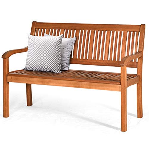 Image of RELAX4LIFE Patio Garden Bench, Eucalyptus Wood Park Chair Seat with Curved Armrests & Backrest, 2-Person Loveseat Leisure Bench for Yard, Garden, Porch