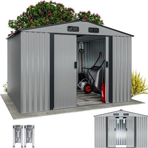 Image of GARDEBRUK® Garden Shed | 8x6' | 5m² | Outdoor Storage for Garden Furniture Garden Tools | Wheelie Bin Storage | Log Store | Bike Shed House | Apex Roof, Sliding Door | 260x205x180cm | Metallic Grey