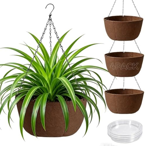 Image of T4U Hanging Baskets Outdoor 4 Pack 30.5cm, Breathable Fabric Hanging Plant Pot with Tray to Catch Excess Water, Hanging Planter with Rustproof Chains for Growing Flowers & Plants Patio Porch Garden