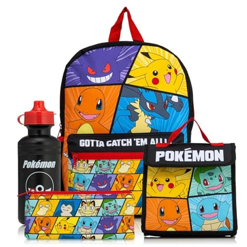 Image of Pokemon Backpack 4 Piece School Set |Includes Lunch Box, Water Bottle, and Pencil Case | Adjustable Padded Shoulder Strap |Mesh Side Pocket | Back to School Bag Set