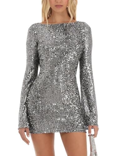Image of Women Sparkle Glitter Mini Dress Long Sleeve Crew Neck Loose Fit Short Dress Cocktail Party Club Dresses with Belt (A-Silver, M)