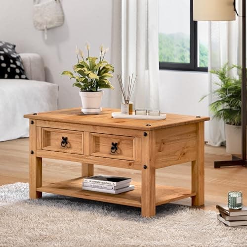 Image of Mercers Furniture Corona Coffee Table with 2 Drawers & Shelf Solid Wood Pine Wooden Living Room Lounge Mexican Style 45cm High 85cm Wide 50cm Deep