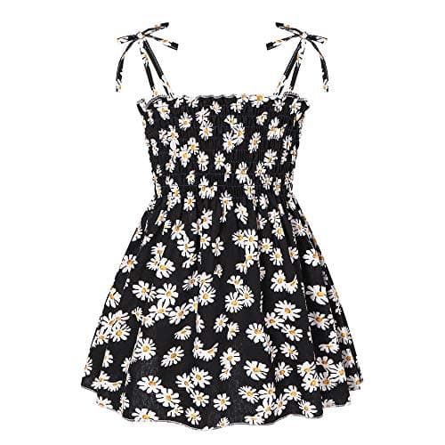 Image of Toddler Girls Dresses Floral Print Summer Dress Kids Sling Dress A-Line Swing Casual Beach Party Dresses for Girls 1-6 Years Black