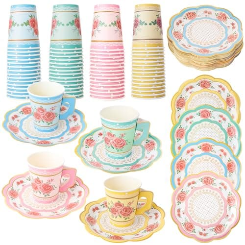 Image of saerryor 60 Sets Floral Paper Tea Cups and Saucers, Vintage Teacups and Saucer Sets, 9 oz Cups with Handle and 7 Inch Paper Plates, for Birthday Wedding Tea Party Decorations