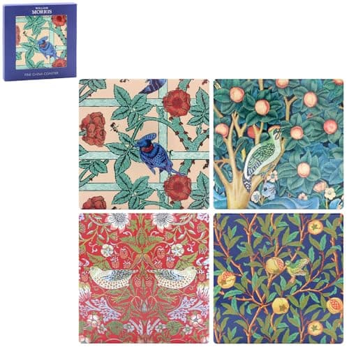 Image of The Leonardo Collection Strawberry Thief Ceramic Coaster Set of 4 | Coasters Set For All Modern Kitchen & Offices | Designed By William Morris | Coasters For All Types of Cups & Mugs