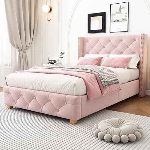 Image of BTM Upholstered Single Bed 3ft(90 * 190cm), Single Bed Frame with Headboard, Slatted Frame, Button & Rivet upholstery and Wooden Leg, Pink Velvet