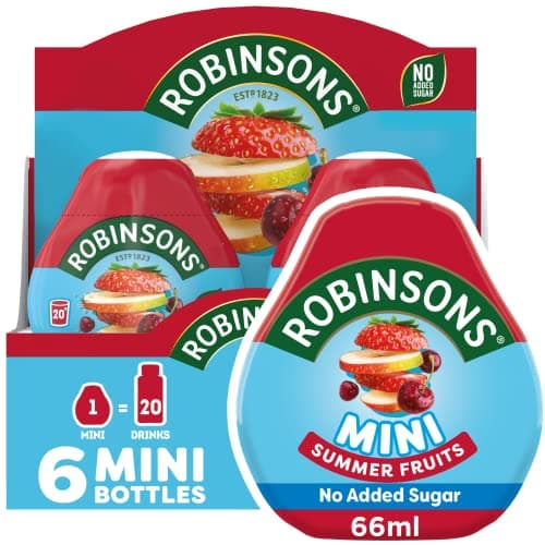 Image of Robinsons Mini - No Added Sugar - Low Calorie - Summer Fruits - Makes 20 Drinks Per Pack - 6 x 66 ml Packs