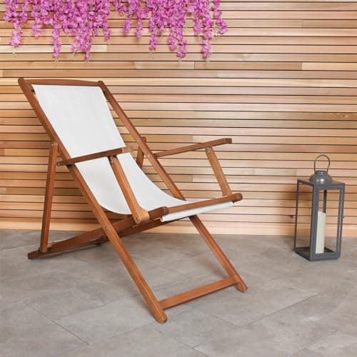 Image of CHARLES BENTLEY FSC® 100% Eucalyptus Wooden, Deck Chair, for Outdoors, and Garden, FSC Wood, Polyester, 3 Reclining Positions, Traditional, Acacia, Bentley Plaque, Trendy, Seat, Cream (107x94x61cm)