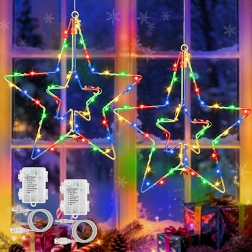 Image of cshare Christmas Window Star Lights, 2 Pack 30cm Big Star Fairy Lights USB/Battery Operated with Timer Waterproof Twinkle Hanging Light for Wall Bedroom Indoor Outdoor Xmas Decorations-Multicoloured