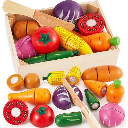 Image of LINFUN KIDS Wooden Pretend Food Cutting Veg Set Play Kitchen Toys, Childrens Vegetable Meat Bread Kitchen Accessories Gifts for 18+ Months Girls Boys Toddlers