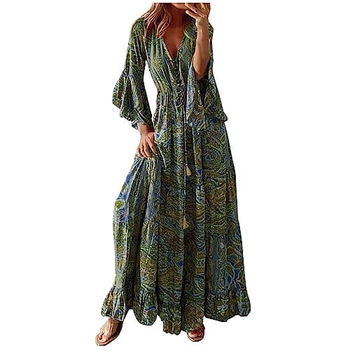 Image of Summer V-Neck Half Sleeve Maxi Dress - Elegant Boho Floral Print Tunic for Women 2024, Beach Holiday High Waist Swing Flowy Sundress Plus Size