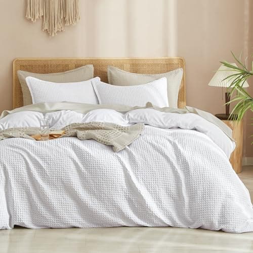 Image of PHF Waffle Weave Duvet Cover Set Single Size, Ultra Soft Luxury Textured Breathable Comforter Cover for All Season 3pcs, Durable Bedding Duvet Set with 2 Pillow Shams, 135x200cm+50x75cm(2), White