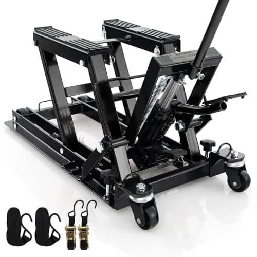 Image of HOMFME 680 kg Hydraulic Motorcycle Lift Jack, Motorbike Lifting Stand with 3-Level Height Adjustable Platform, Wheels, Heavy Duty Motorcycle Jack Lift Table Hoist Stand for ATV UTV Quad (Black)
