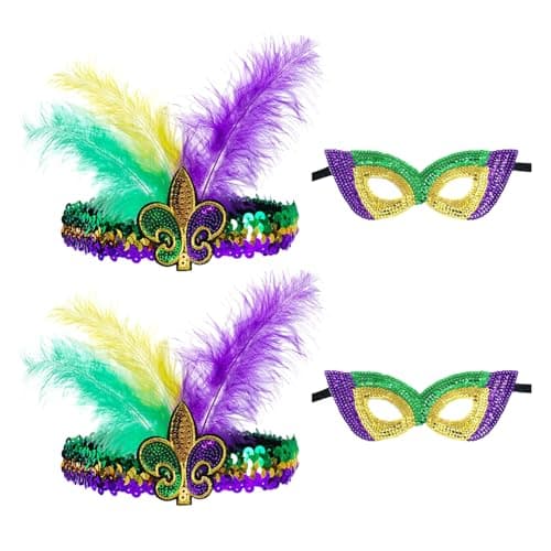 Image of 2 Pieces Sequin Feather Hairbands, 2 Pieces Masks, Creative Color Suits, Masquerade Props, Festive Party Costume Accessories.