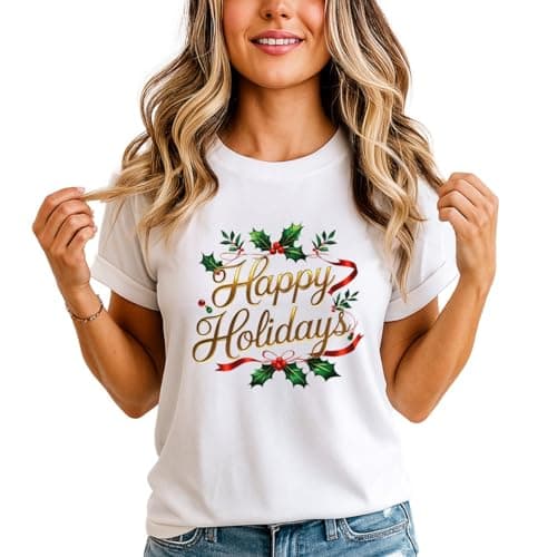 Image of Sassy Souls Happy Holidays Womens T-Shirt Gold Festive Script Traditional Holly Christmas for Her 5XL (34-36)