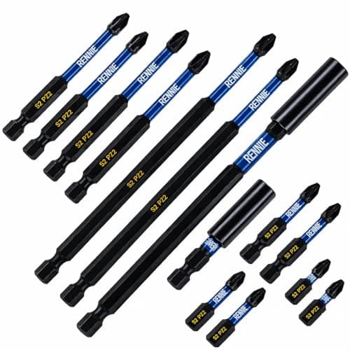 Image of 16 Piece Rennie Tool Magnetic 60mm and 152mm Professional Impact Bit Holders with 4 x 32mm Pozidriv PZ2 Screwdriver Impact Bits, 4 x 50mm, 2 x 75mm/100mm/150mm Long Pozidriv PZ2 Screwdriver Impact Bit