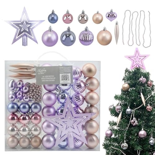 Image of Daniel James 50-Piece Christmas Baubles Set – Shatterproof Hanging Baubles with Bead Chain & Star Tree Topper - Christmas Tree Decorations & Xmas Ornaments - Blush Pink